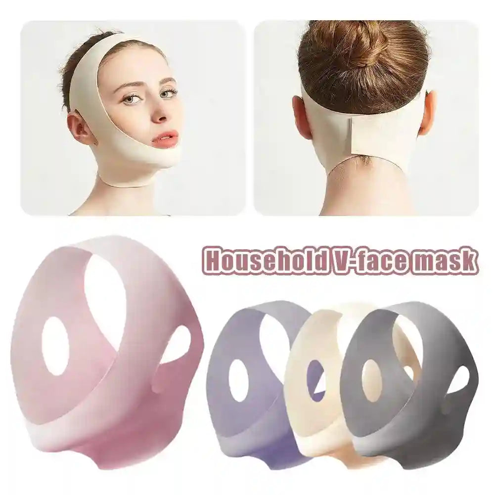 Beige V-shape face-lifting mask worn by a woman, with additional purple, beige, and gray masks shown below.