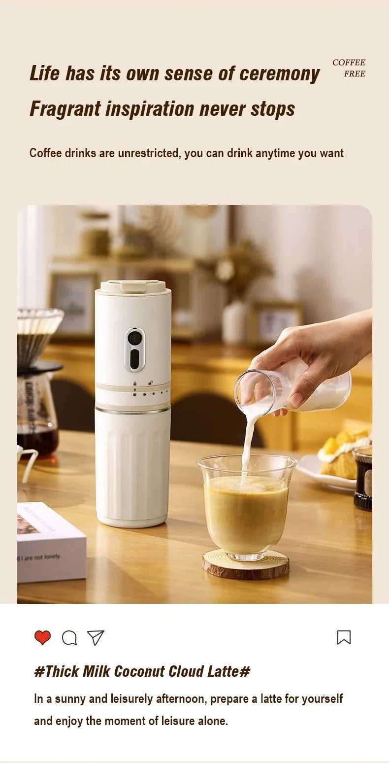 Portable white coffee maker on a table next to a glass of milk being poured into a latte.