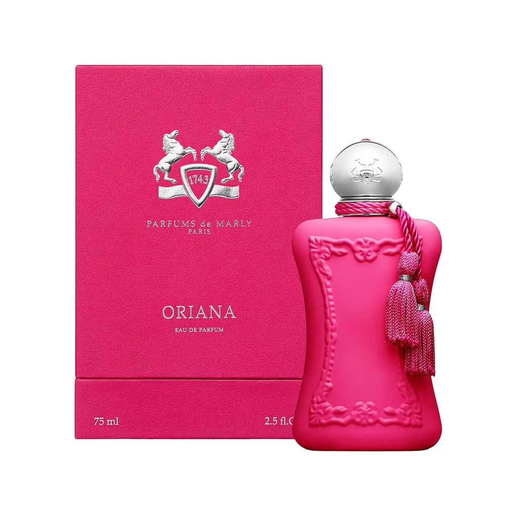 Parfums de Marly Oriana Eau de Parfum for women: pink ornate glass bottle with tassel, floral gourmand scent.