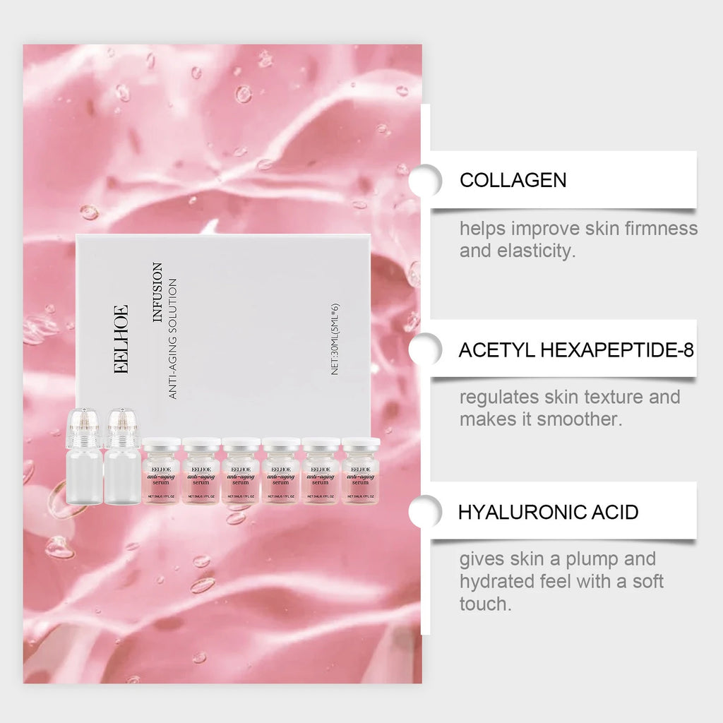 EELHOE anti-aging serum set with collagen and hyaluronic acid, 6 small bottles, moisturizing skin renewal essence.