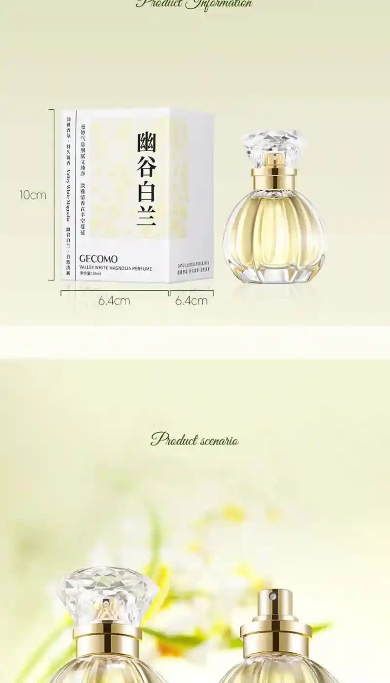 GECOMO Valley White Magnolia EDP: Luxury 50ml women's perfume in a round crystal-capped glass bottle with floral notes.