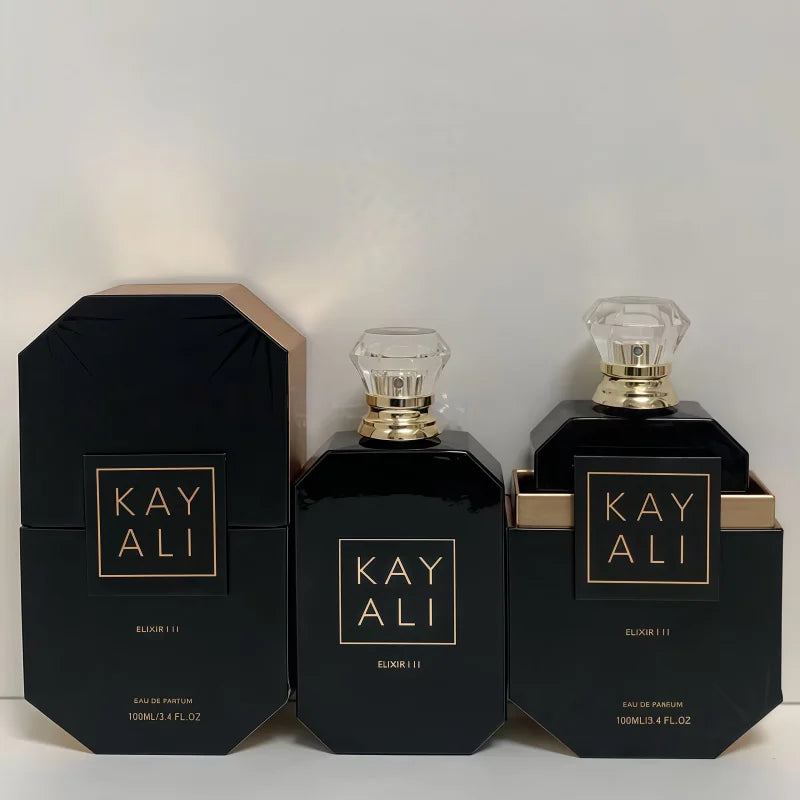 Kayali Elixir 11 EDP: 100ml floral fruity vanilla woody fragrance in a sleek black octagonal bottle with crystal cap.