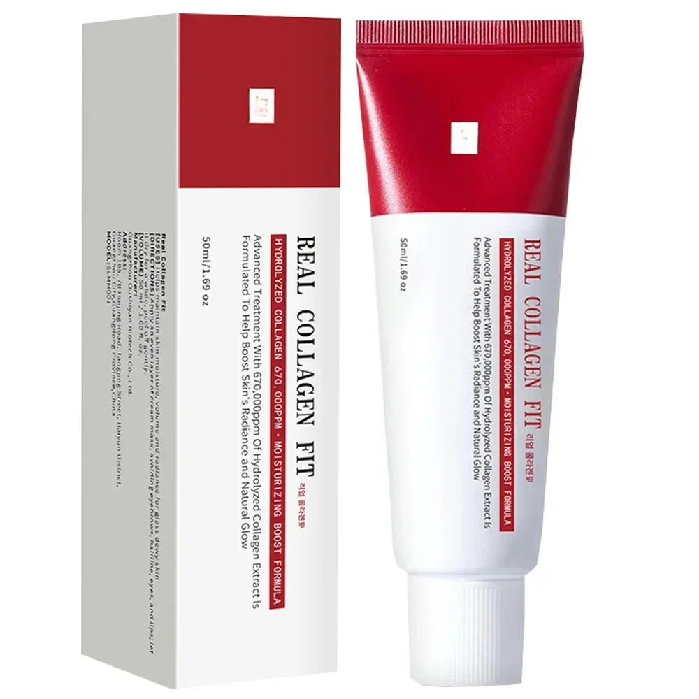 Real Collagen Fit peel-off mask with 670,000ppm collagen in a white and red squeeze tube for glass skin elasticity.
