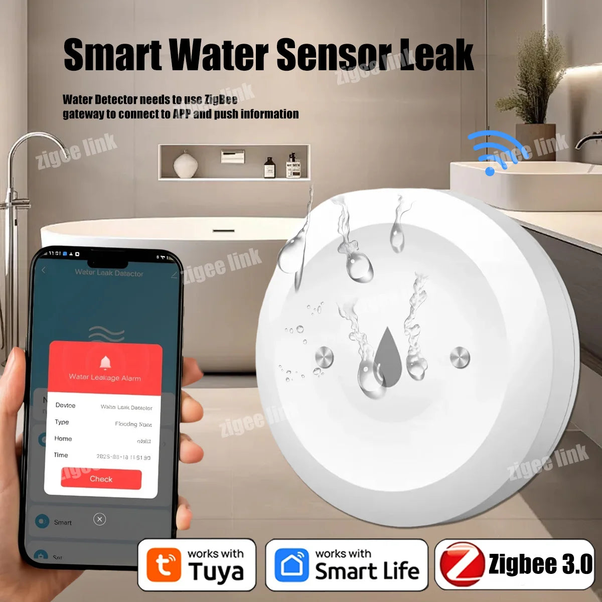 Smart Water Leak Sensor ZigBee 3.0 WiFi Flood Alarm for Home Automation Default Title Tidesmit