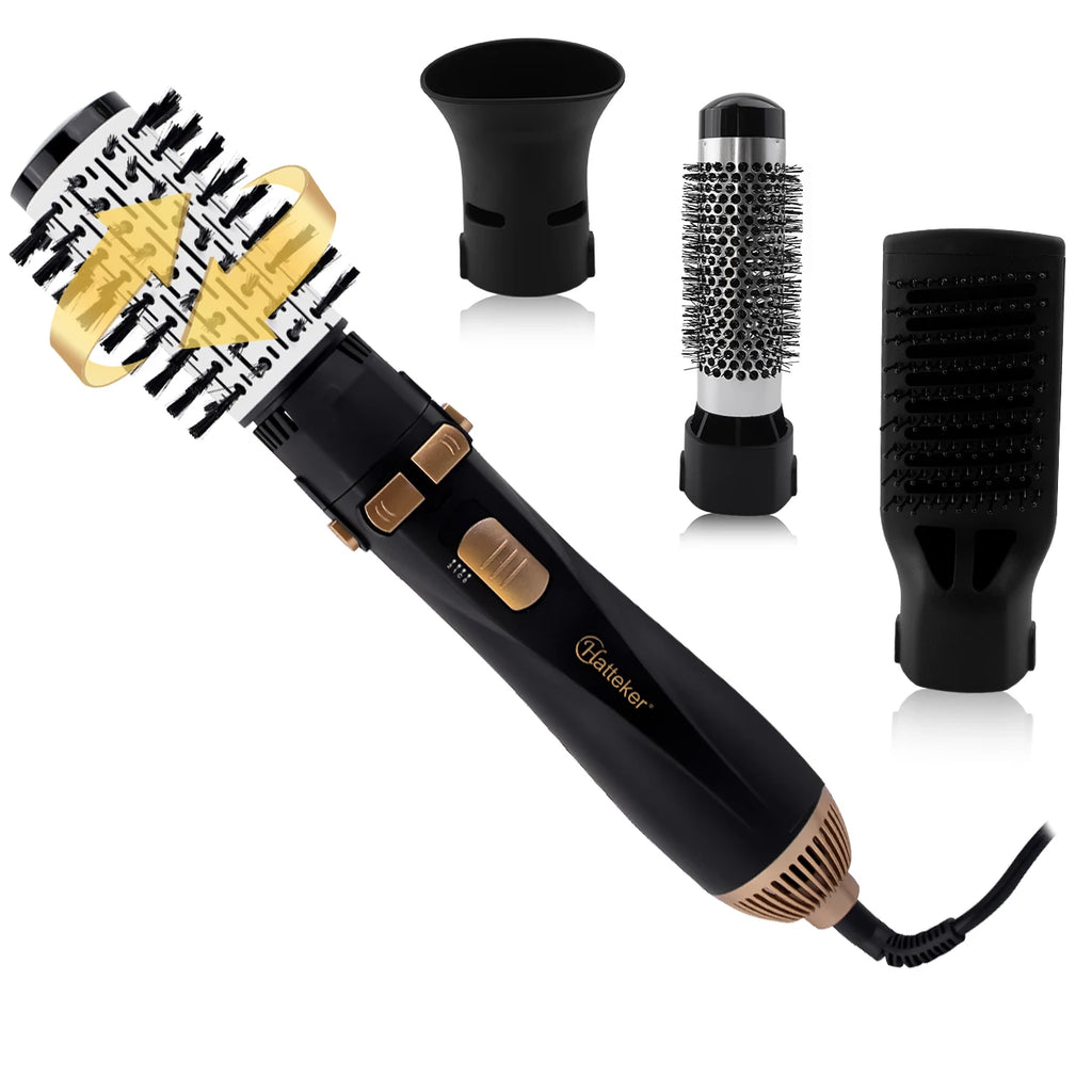 Hatteker 4-in-1 hot air brush set, black and gold styling tool with dryer, curler, and straightener attachments.