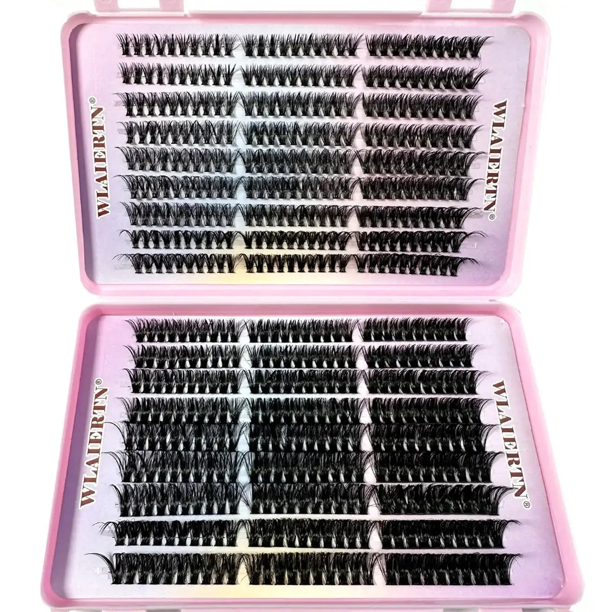 Black individual cluster false eyelashes arranged in rows inside a pink, rectangular plastic storage case.