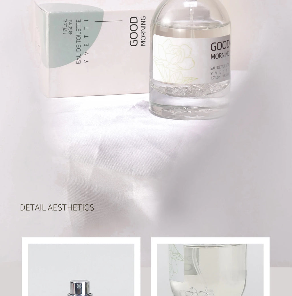 Clear glass perfume bottle with gardenia floral label and soft white packaging, elegant fresh scent aesthetic.