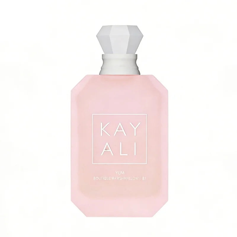 Kayali Yum Pistachio Gelato 33 EDP: Pink bottle, unisex marshmallow perfume in a classic geometric glass spray bottle.