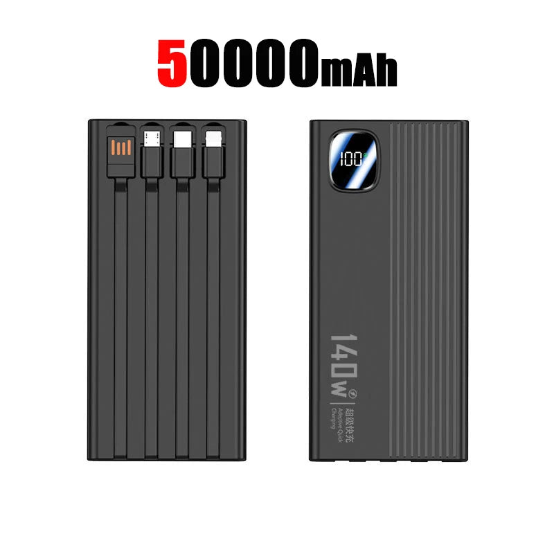 Portable Charger with 4-in-1 Cables - High Capacity Power Bank 50000mAh+ Black 50000mAh Tidesmit