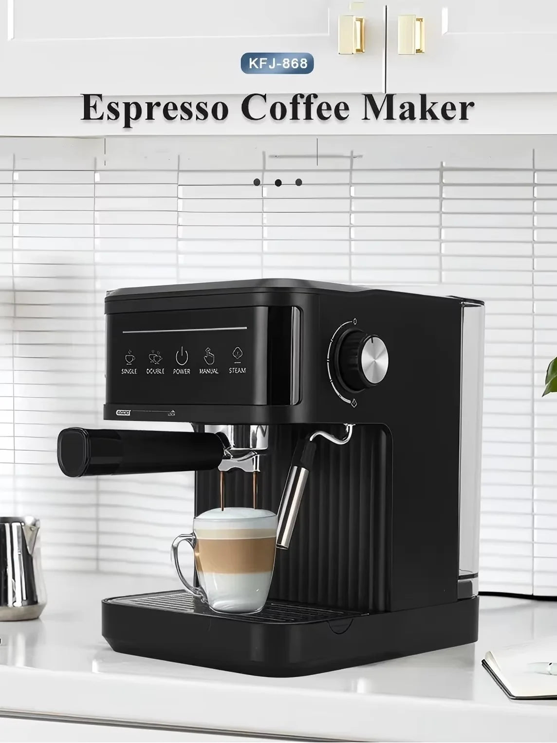 Matte black KFJ-868 espresso coffee maker with steam wand and glass cup on a kitchen counter.