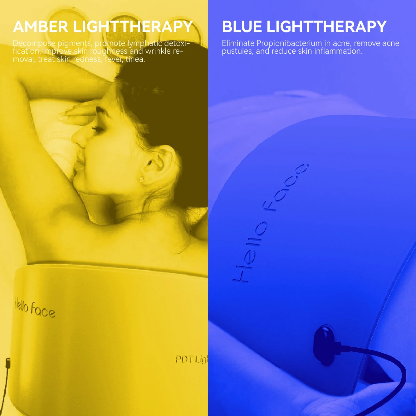Split screen showing Hello Face LED light therapy mask in amber and blue modes over a woman's face.
