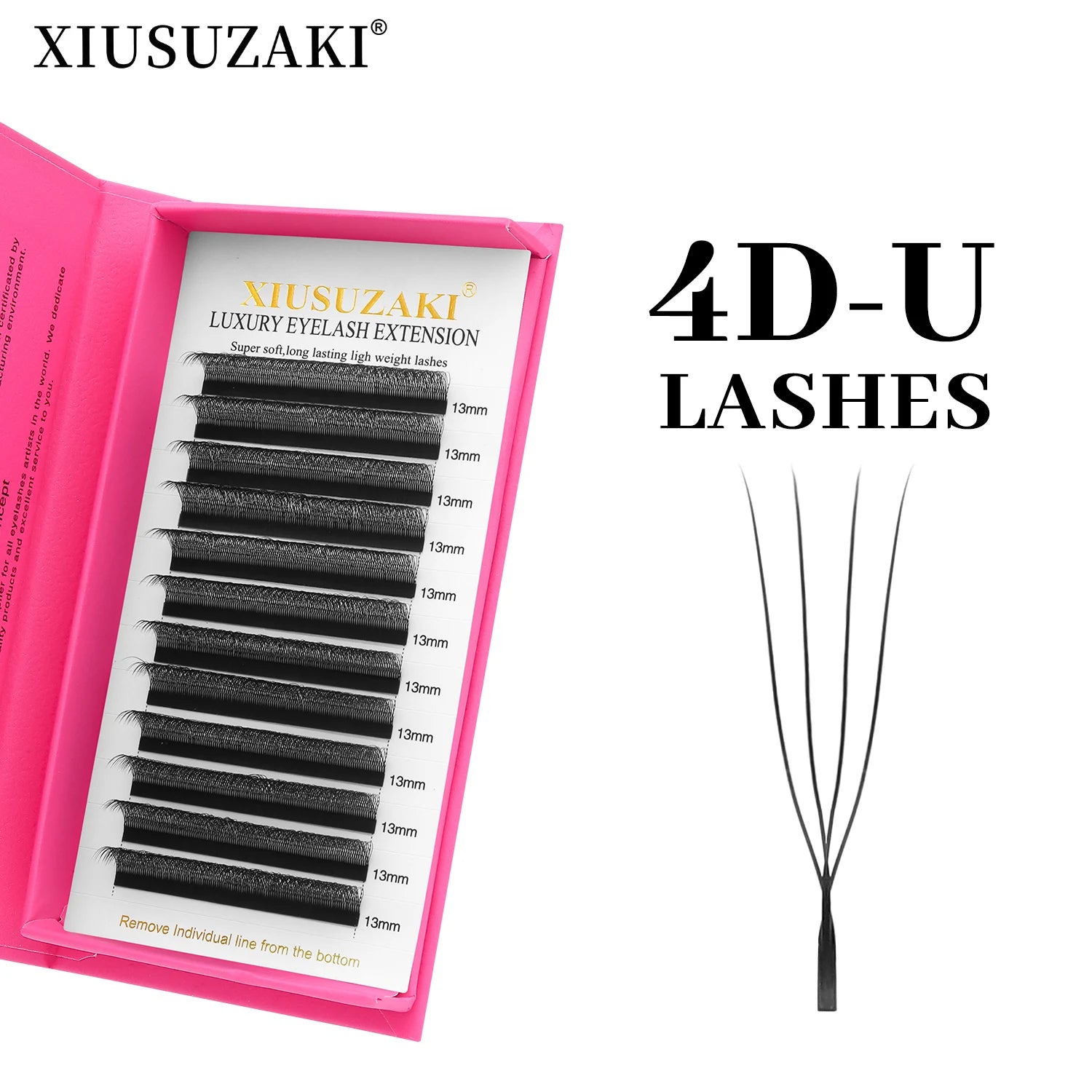 4D-U individual black eyelash extensions, 13mm length, in a pink storage case for professional application.