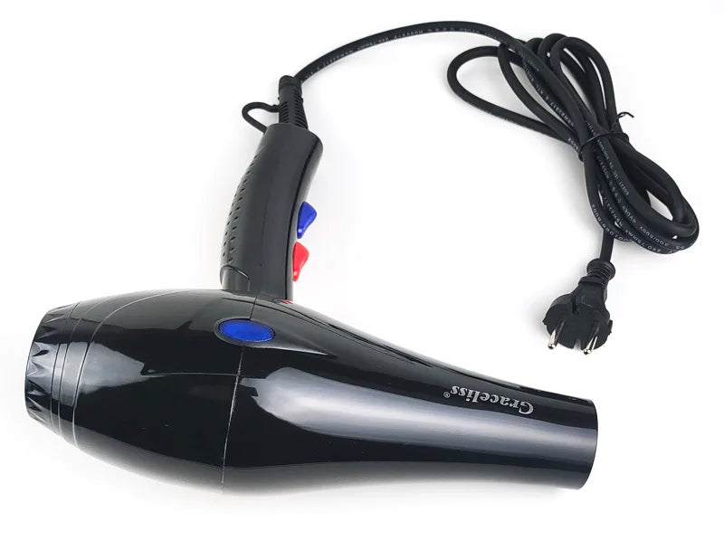 Black professional hair dryer with EU plug, featuring hot/cold settings for salon-quality blowouts at home.