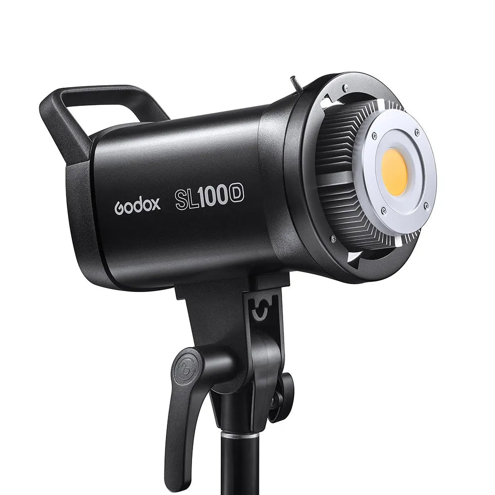Godox SL100D black LED video light with a circular COB chip on a mounting bracket for studio photography and filming.