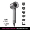 Grey high-speed, bladeless negative ion hair dryer with 5 magnetic nozzles, wall bracket, and 110k RPM motor.