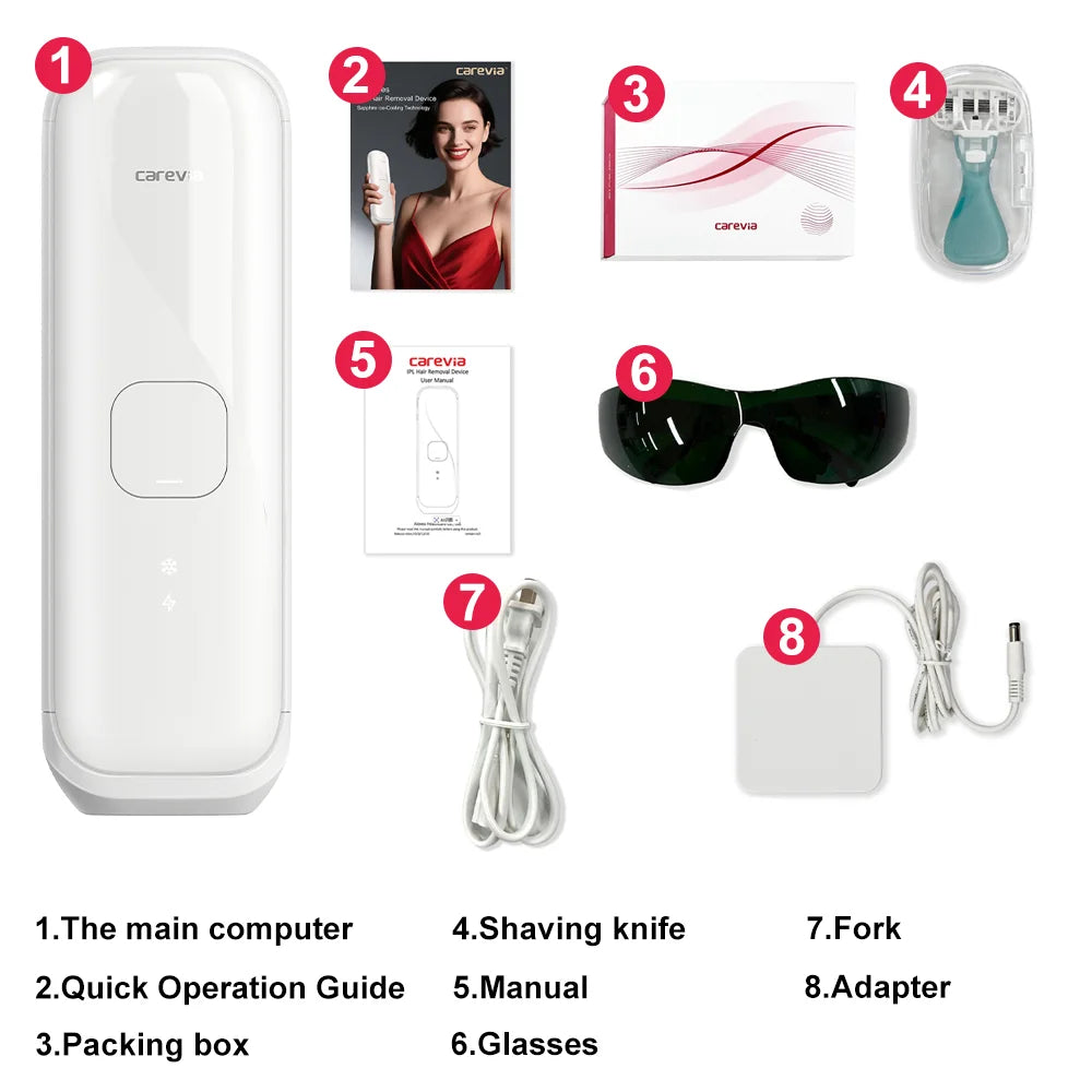 Carevia IPL hair removal set with a white device, manual, storage box, razor, safety glasses, and power adapter.