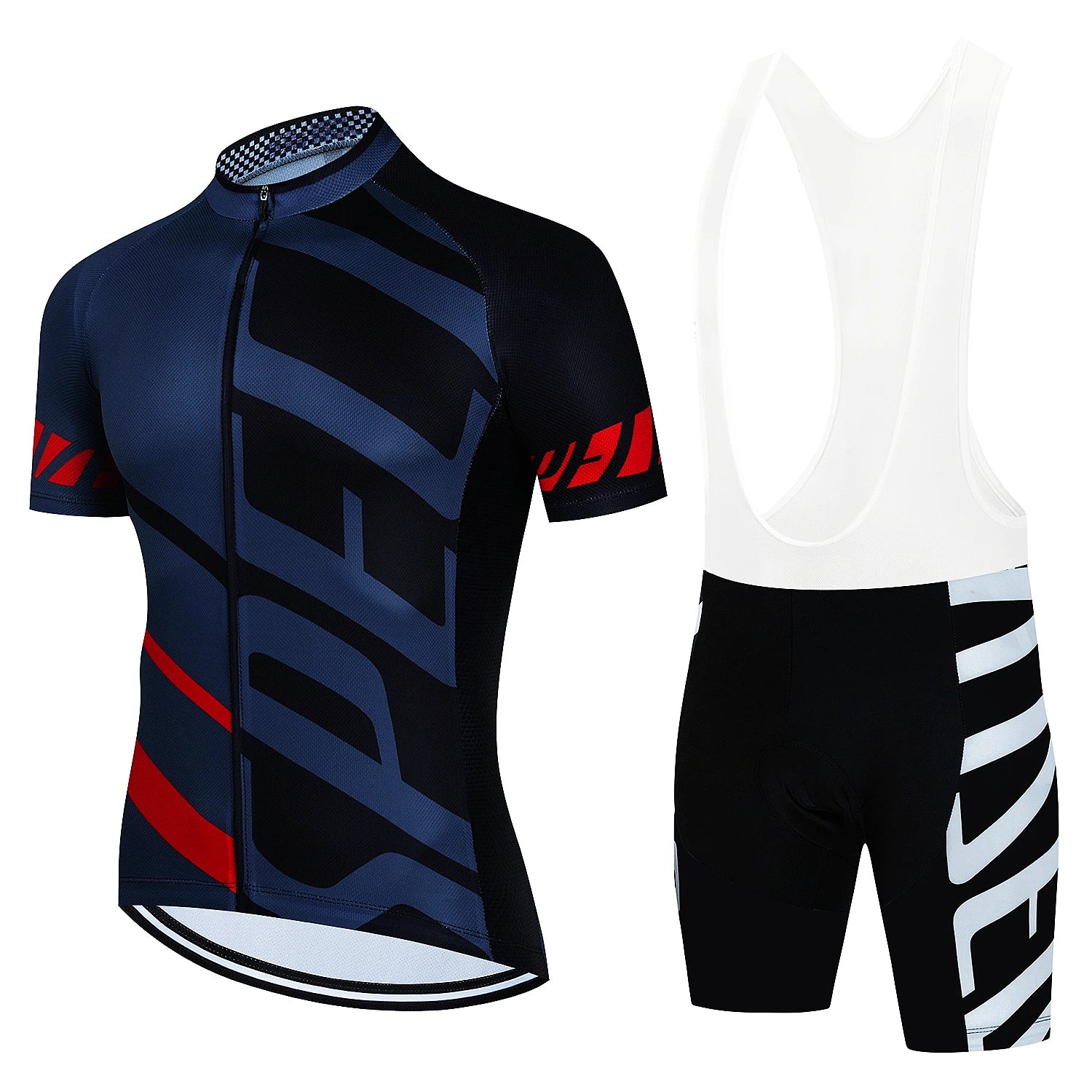 Tidesmit cycling jersey and bib shorts set in black, blue, and red with a breathable technical fabric design.