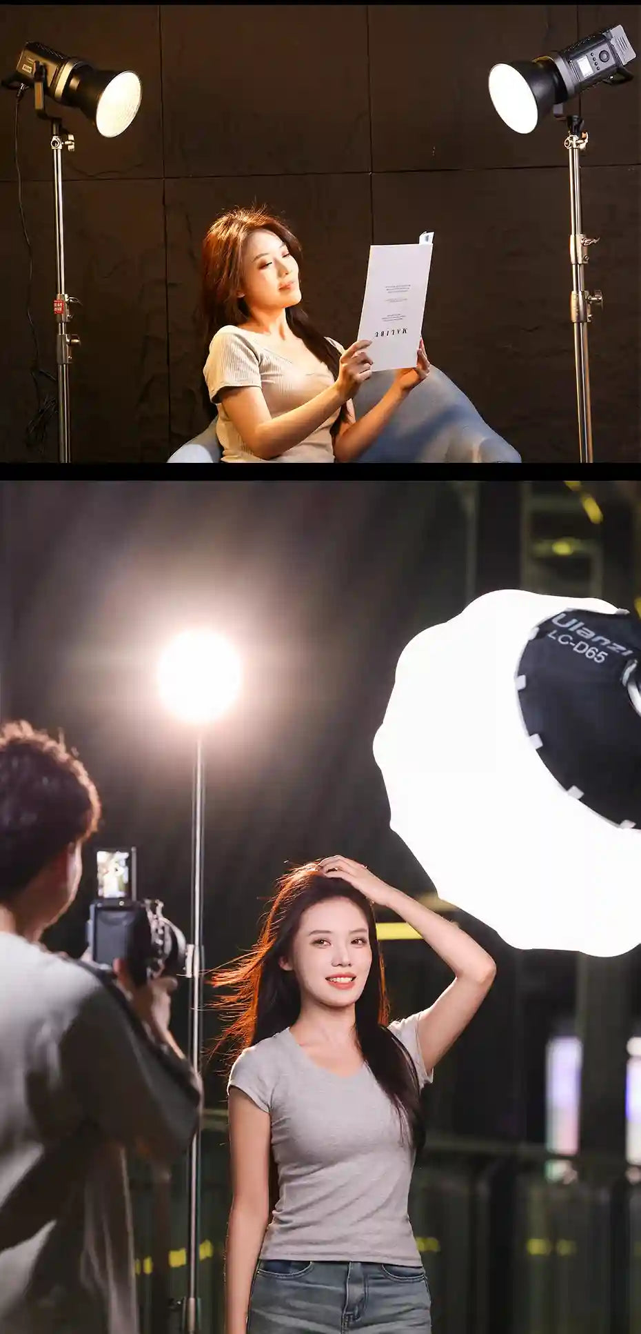 LC-D65 parabolic softbox with white interior and black backing, mounted on a light stand for studio photography
