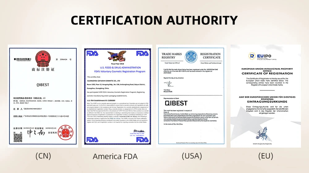 QIBEST lip makeup product certification documents including FDA, EUIPO, and trademark registrations for cosmetic quality.