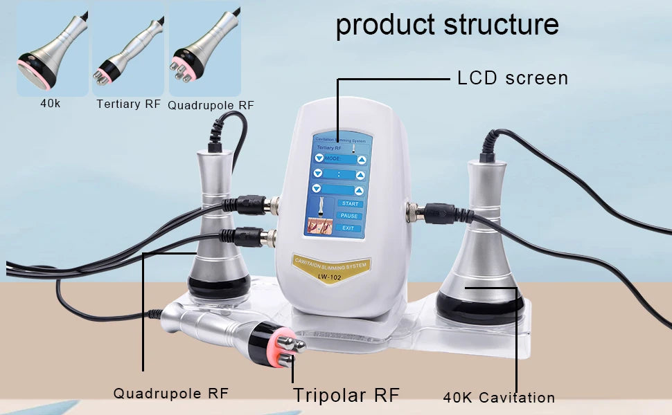 White BEEMY cavitation slimming device with LCD screen and various metallic RF/cavitation handpiece attachments.
