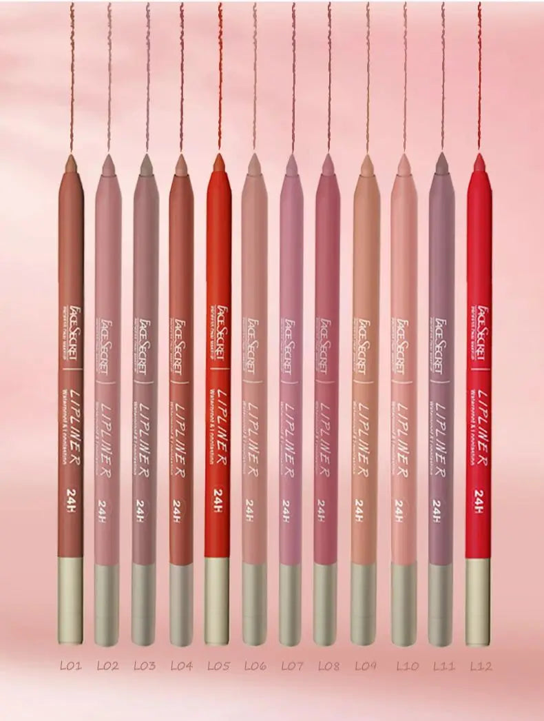 Face Secret 12-color waterproof velvet matte lip liner set in diverse nude, pink, and red shades for precise application.