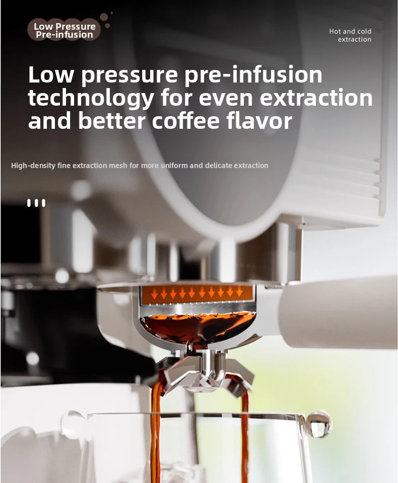 White espresso machine brewing coffee into a glass with low-pressure pre-infusion technology and fine mesh filter.