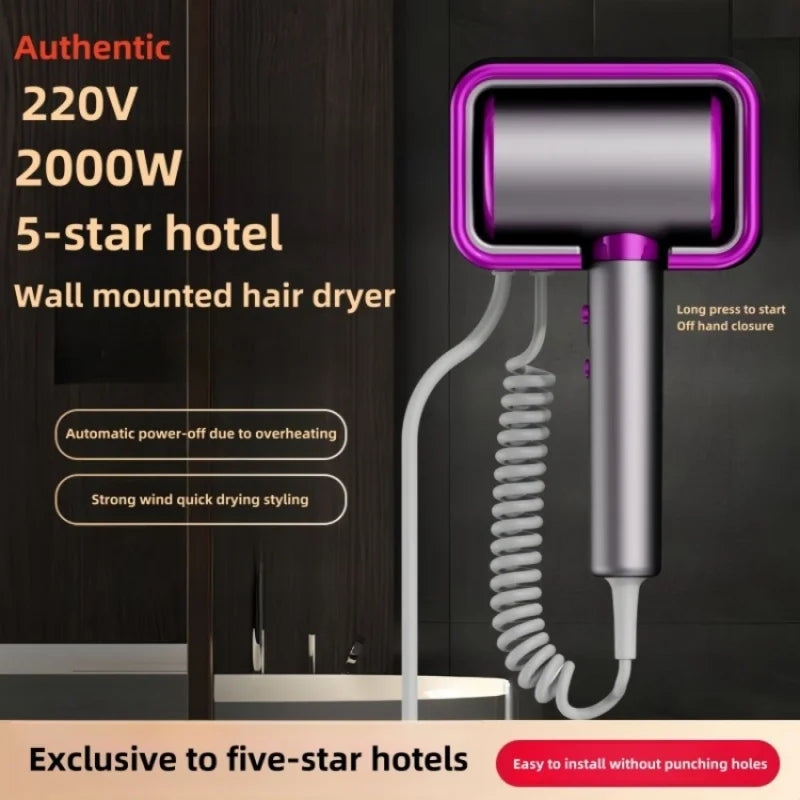 Purple wall-mounted 2000W hair dryer with coiled cord, non-perforated design for hotel and home bathroom styling.