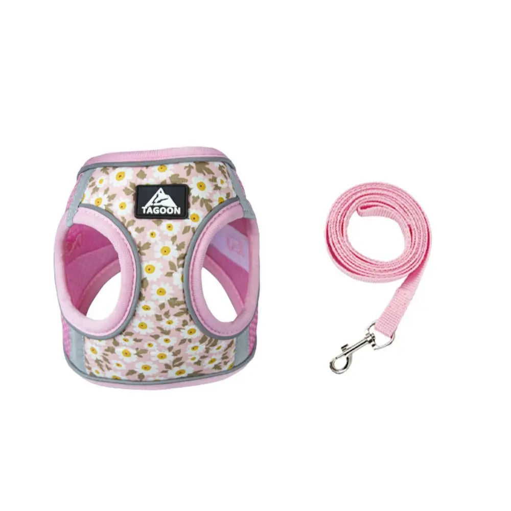 Pink floral anti-escape dog harness and leash set with breathable mesh, reflective safety strips for small pets.