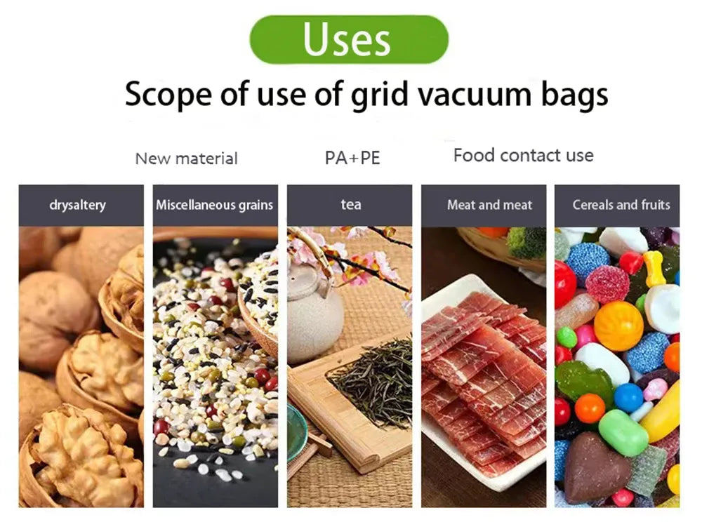 Vacuum sealing bag material for food contact, PA+PE film shown with foods