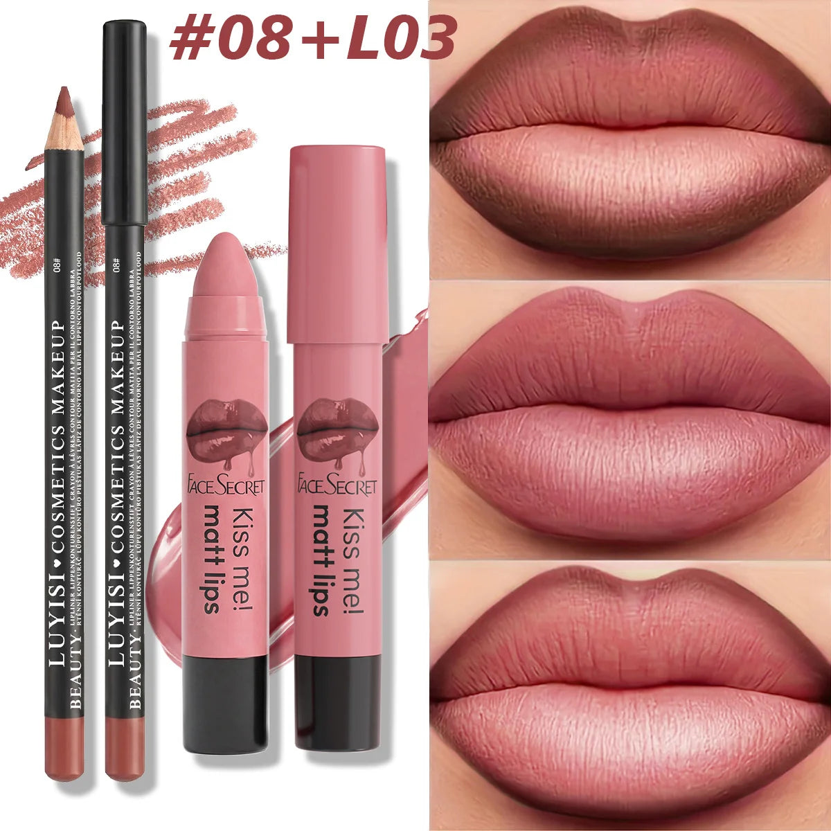 Professional 2pcs matte lip liner and lipstick kit in dusty rose with swatches and long-wear pigmented lip application.