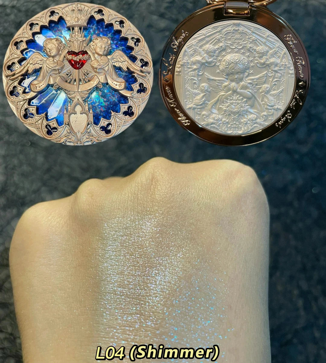 Tidesmit Flower Knows Little Angel embossed face highlighter palette texture close-up showing diamond glitter finish
