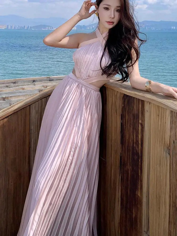 New Sexy Club Birthday Party Pleated Robe Long Dresses Women Summer Halter Neck Sleeveless Off The Shoulder Holiday Beach Dress