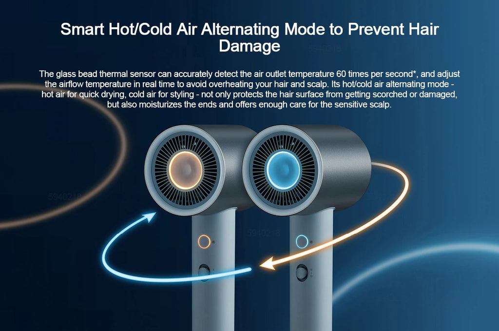 MIJIA H500 ionic hair dryer showing smart hot/cold air alternating mode for professional heat-protected hair drying.
