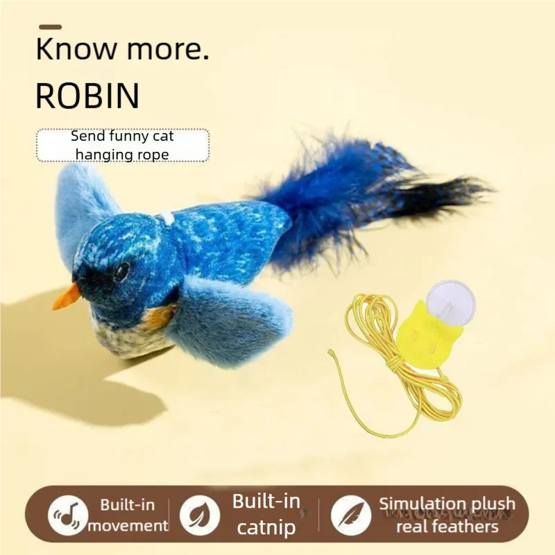 Interactive plush blue bird cat toy with real feathers, chirping sound, and hanging rope for active play.