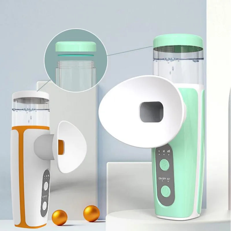 Portable USB rechargeable hot and cold eye misting device with green and orange water tanks for moisturizing eye care.