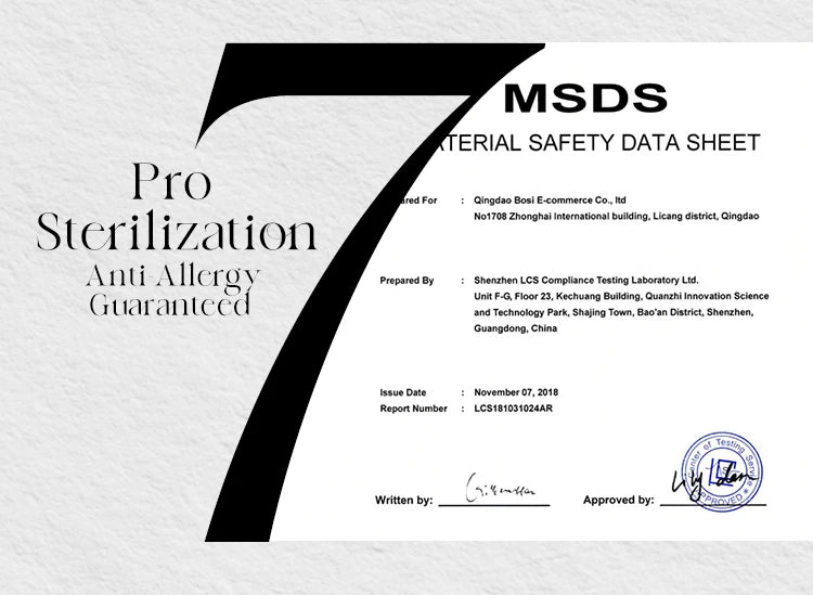 Pro Sterilization Anti-Allergy Material Safety Data Sheet document with test lab certification details.