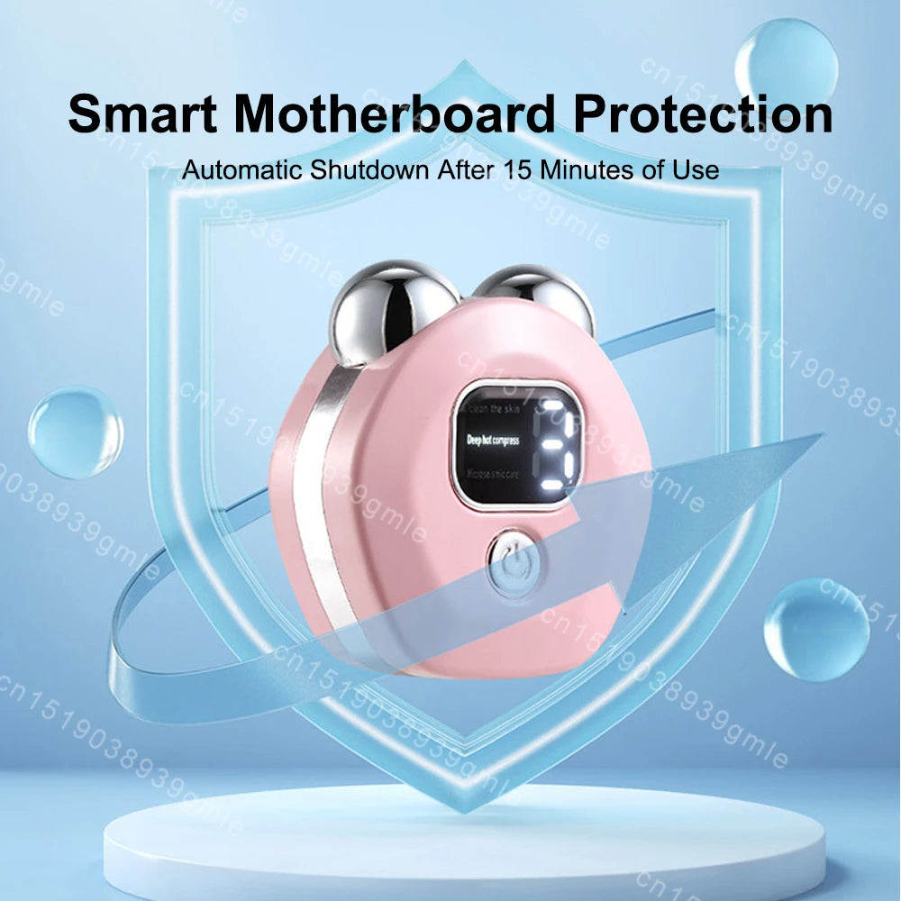 Pink, round facial massager with two silver metal roller spheres on top, a digital display, and a power button.