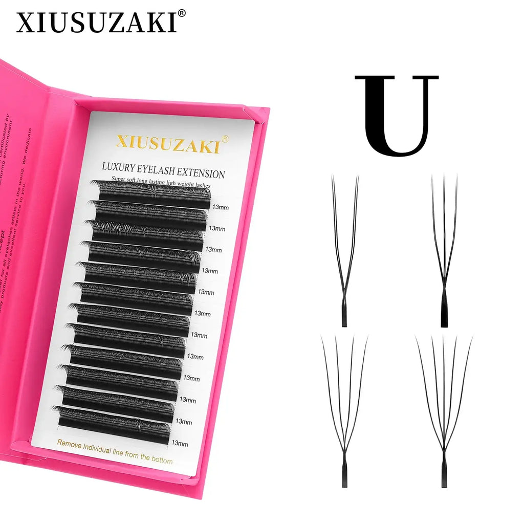 Black 13mm U-shaped eyelash extension strips in a pink storage case for professional lash application.
