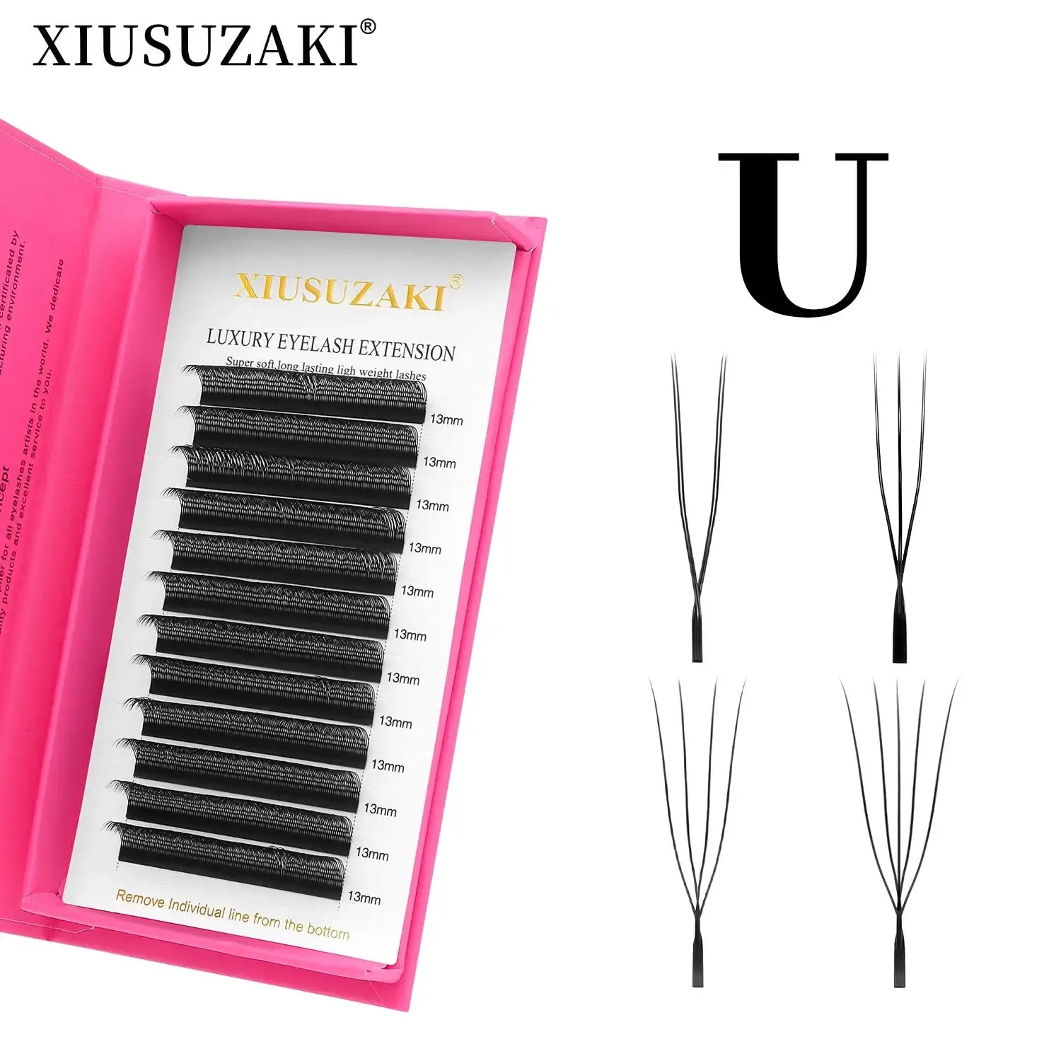 Black 13mm U-shaped eyelash extension strips in a pink storage case for professional lash application.