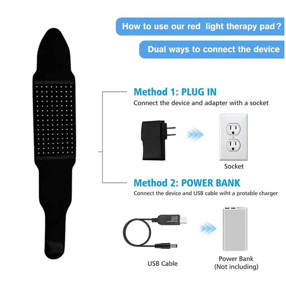 Red light therapy belt showing dual power methods via wall adapter or USB power bank for pain relief at home.