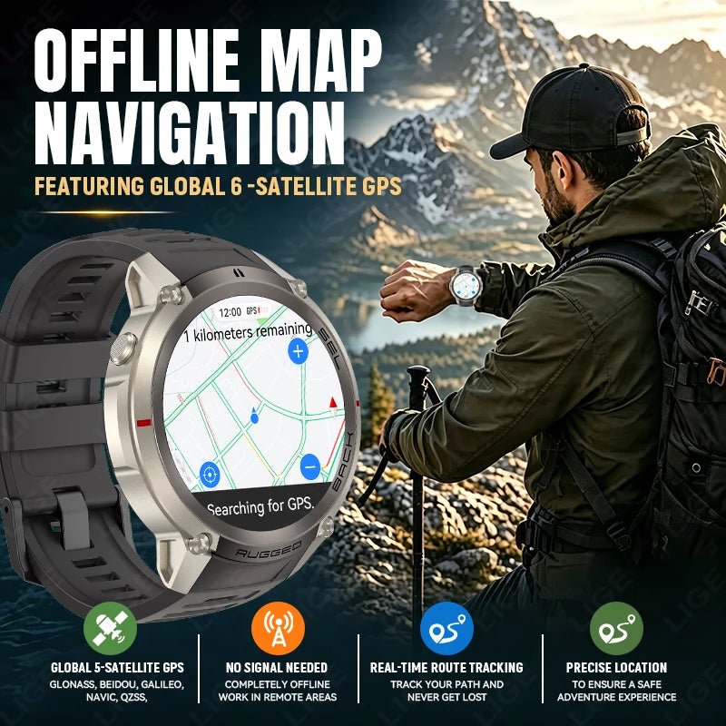 LIGE 5ATM Waterproof GPS Smart Watch Heart Rate Blood Oxygen 500mAh Battery Fitness Outdoor Offline Map Smartwatch Men Women