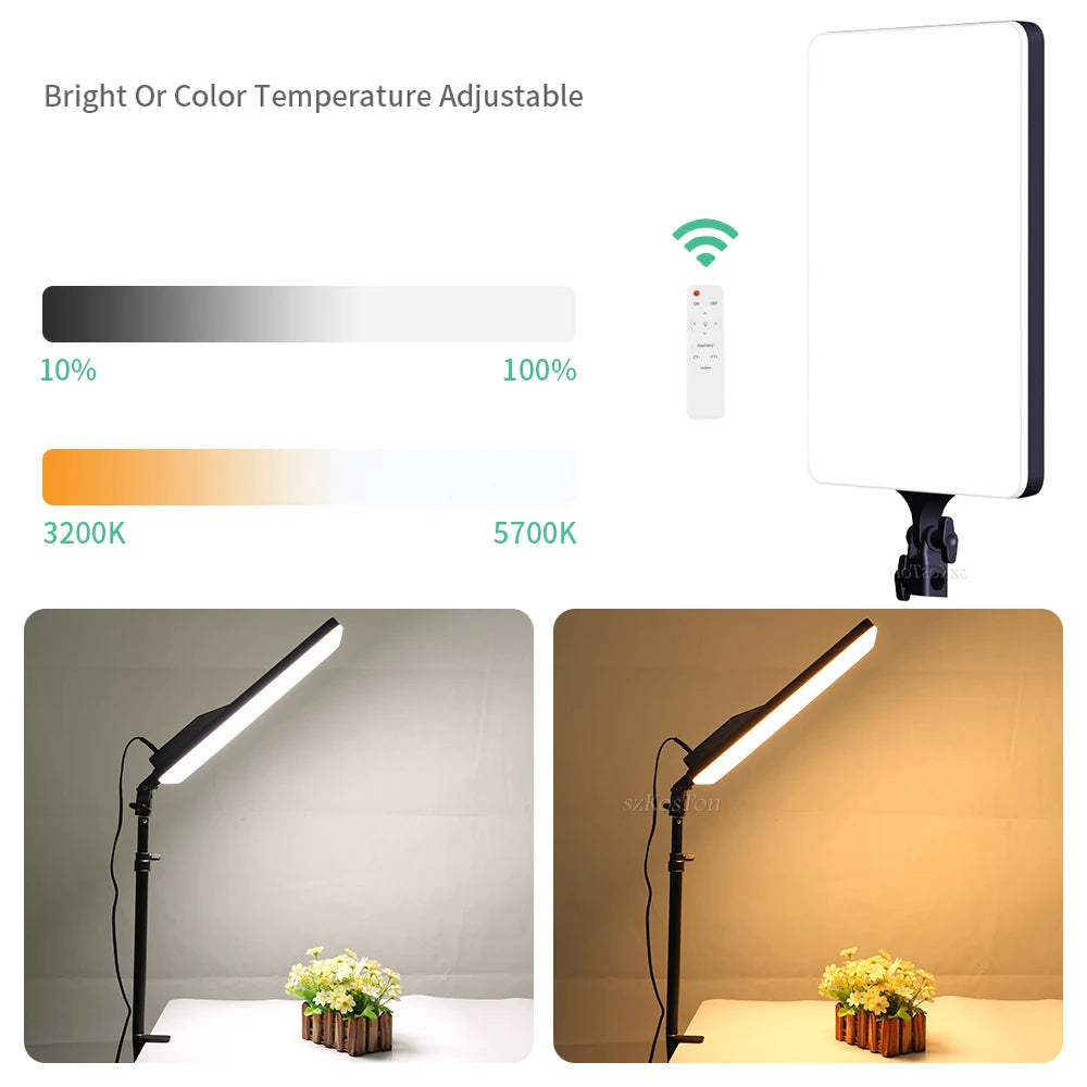 Rectangular LED video light with remote, adjustable brightness and color temperature, mounted on a stand for