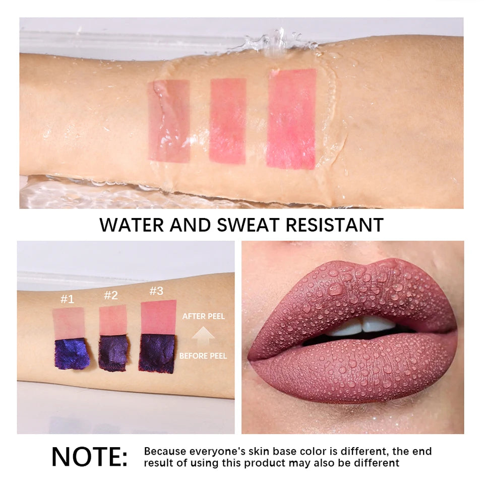 Waterproof peel-off lip stain swatches and long-lasting pink tint on lips. Transfer-proof, non-stick makeup formula.