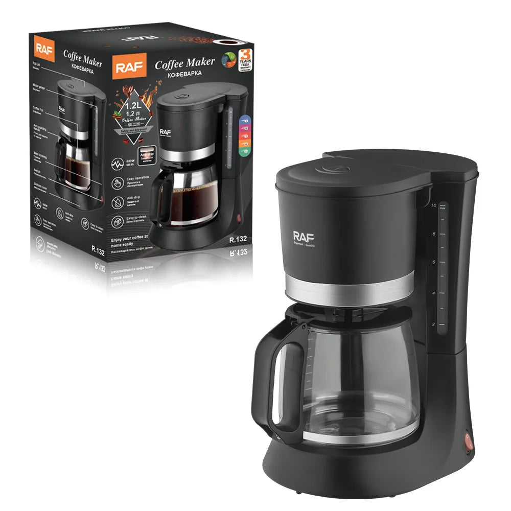 RAF black 1.2L drip coffee maker with glass carafe and water level indicator in retail box packaging.