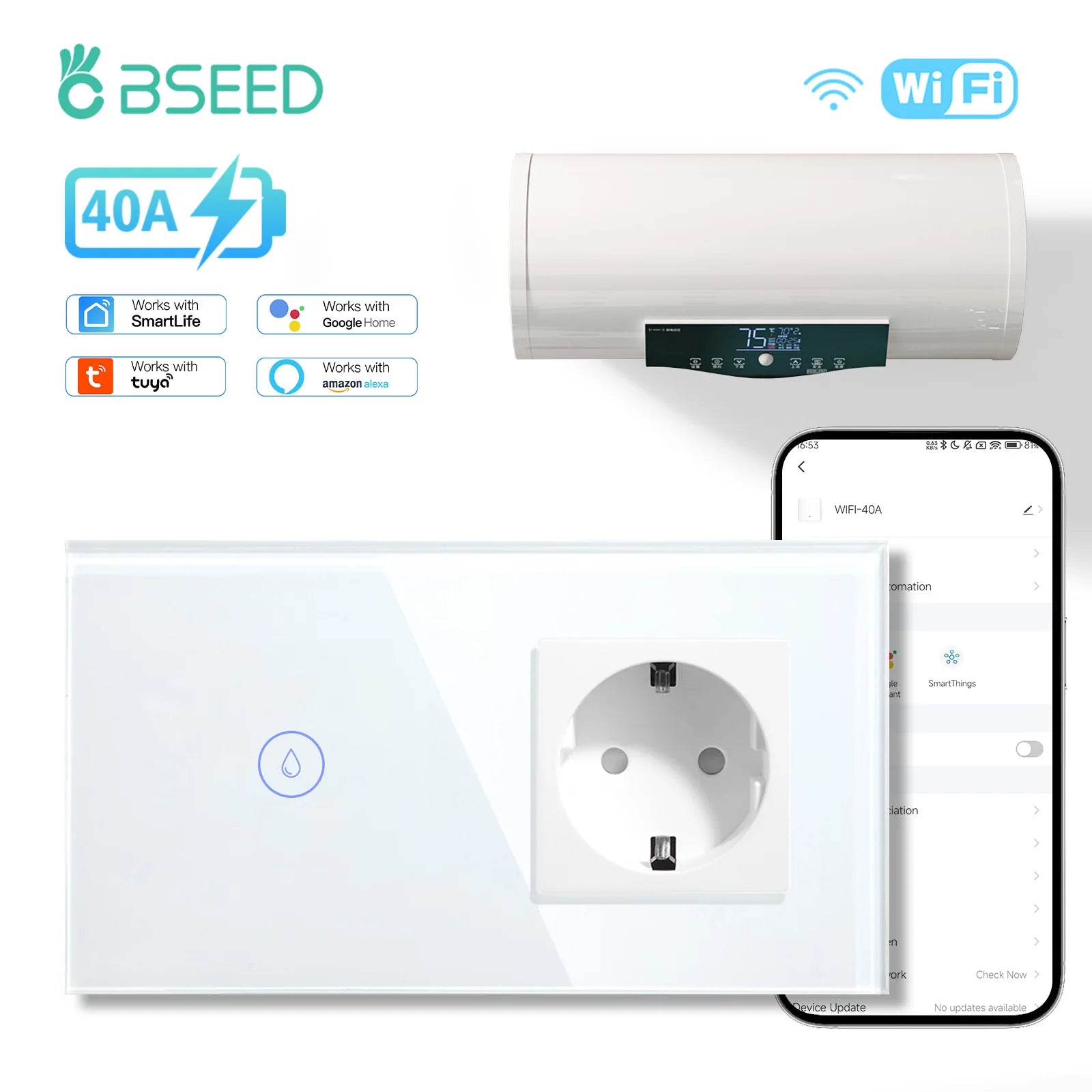 BSEED Wifi Smart Water Heater Switches Touch Boiler Switches 40A Plus EU Waterproof Socket For Kitchen Batroom Tuya Smart Life