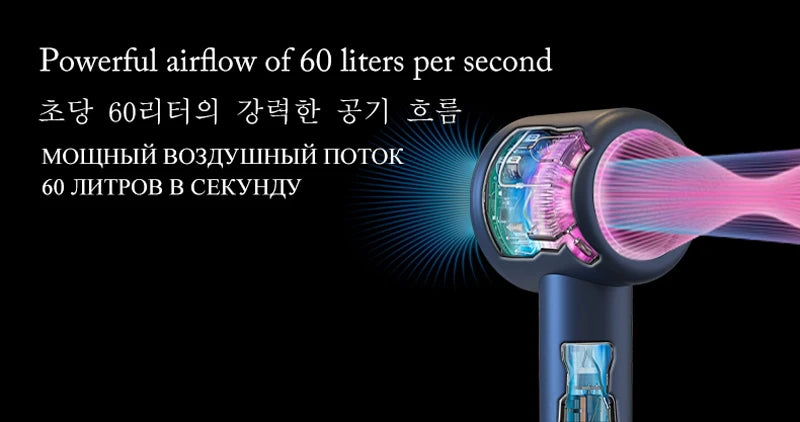 Blue leafless salon hair dryer showcasing powerful airflow motor technology and professional styling ion features.