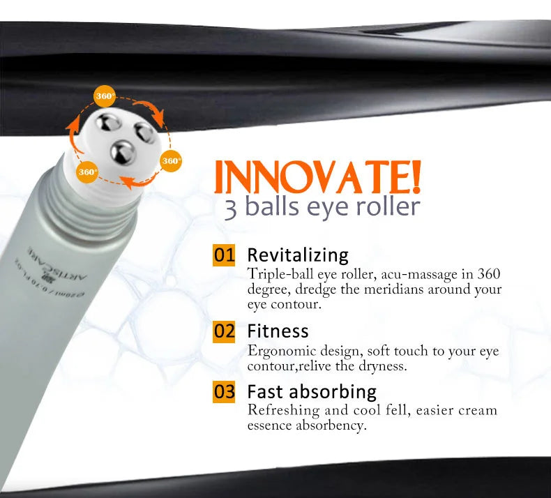 ARTISCARE 3-ball eye roller serum for revitalizing, moisturizing facial skincare with 360-degree ergonomic massage tip.
