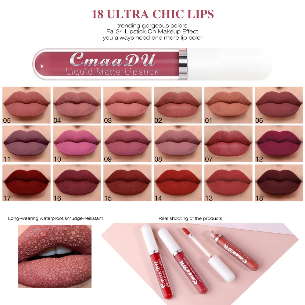 CmaaDU long-lasting waterproof liquid matte lipstick set in 18 diverse shades for all skin types. Non-stick lip makeup.