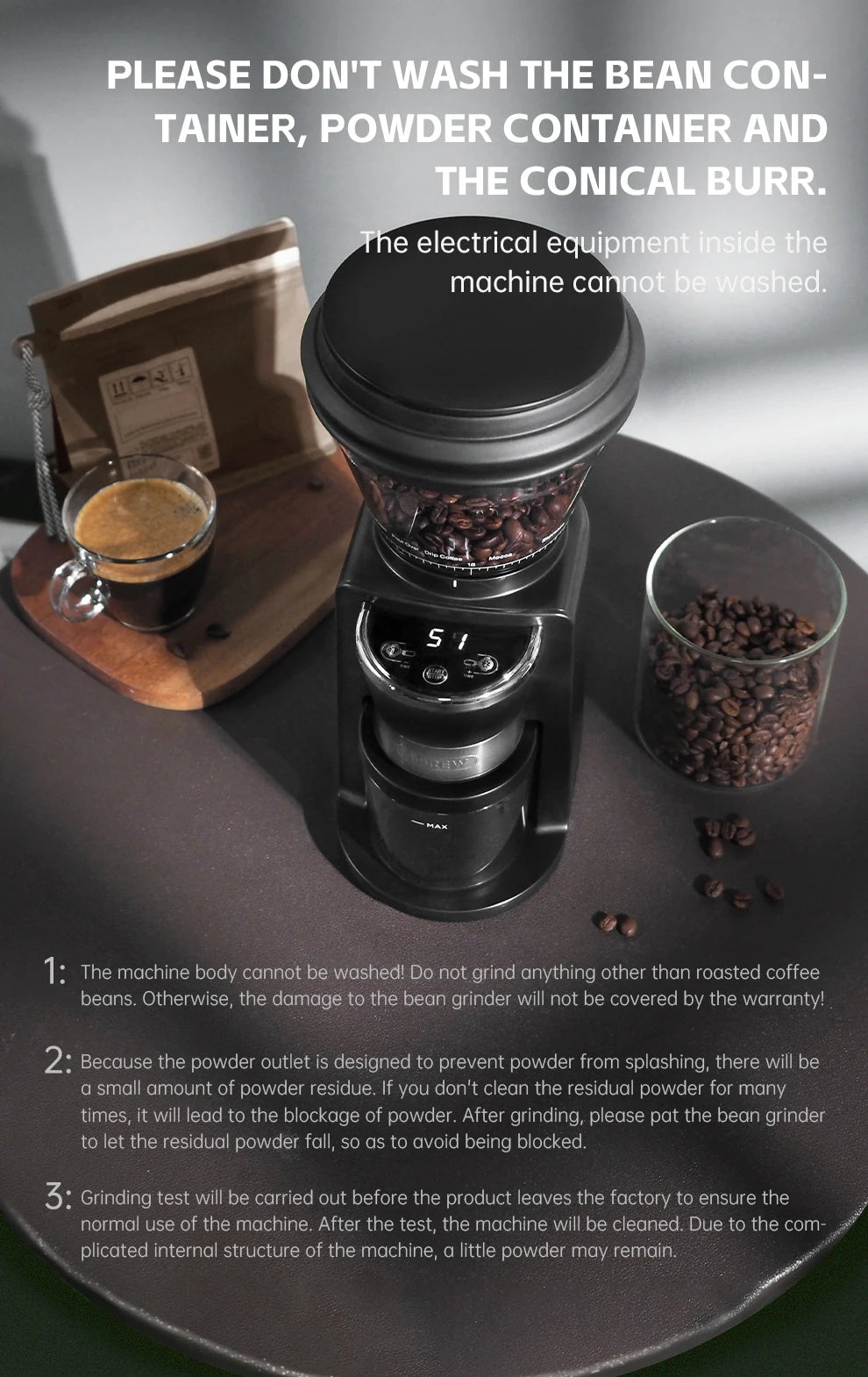 Black conical burr coffee grinder with digital display, bean hopper, and powder container on a dark table.