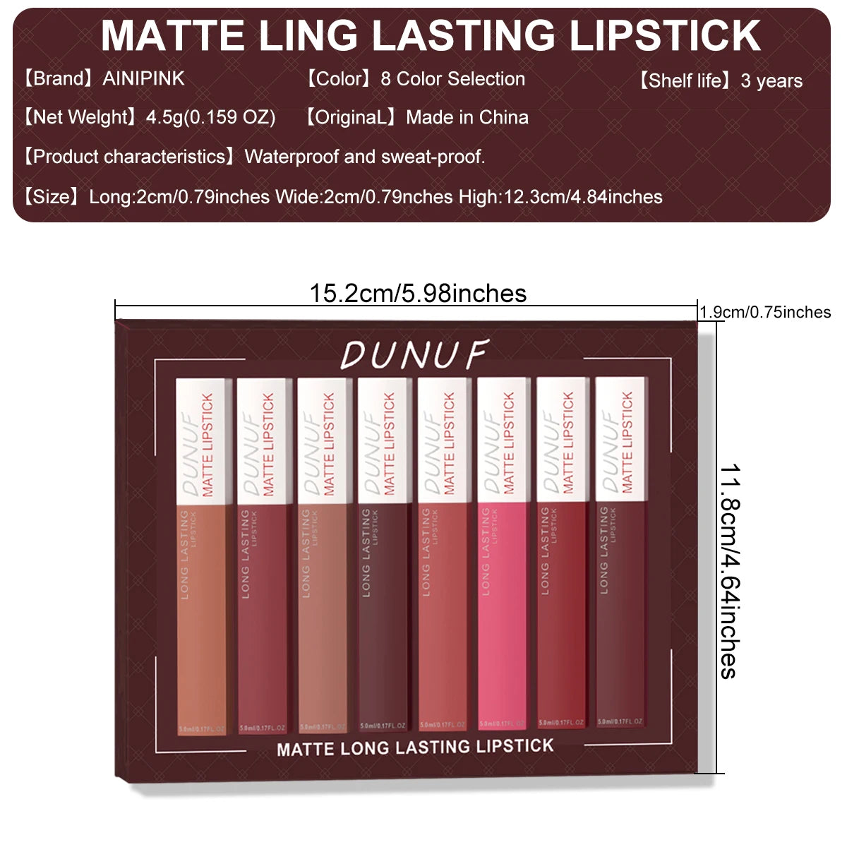8-piece matte lipstick set in assorted nude, red, and mauve shades. Long-lasting, waterproof, non-stick lip makeup.